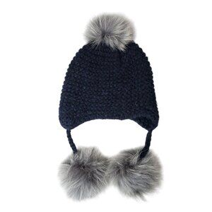 INVERNI Blue Beanie Hat Baby Alpaca Wool Knit Made in Italy Real Fur Pompoms